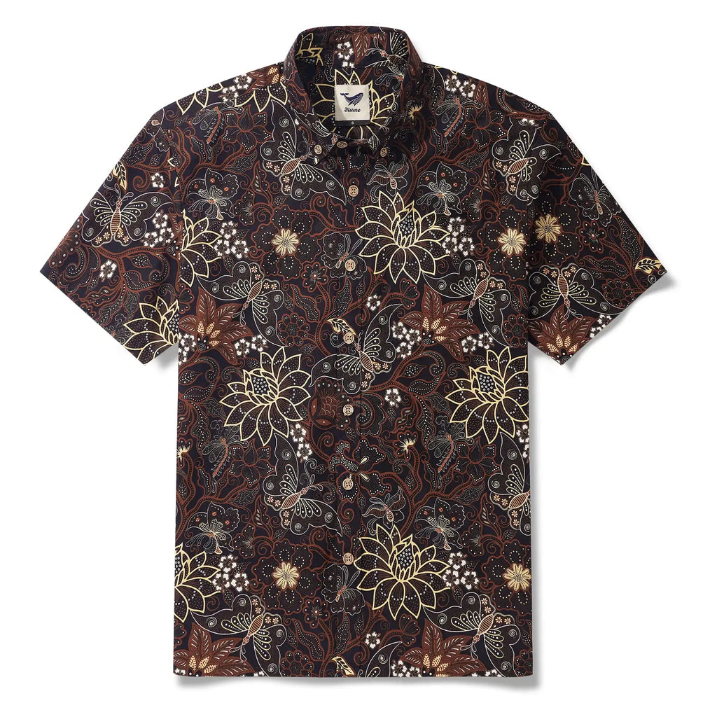 Chemise hawaïenne pour homme à manches courtes, boutonnée, 100 % coton, jaune, Aloha Fleurs envoûtantes et papillons par Huan huan
