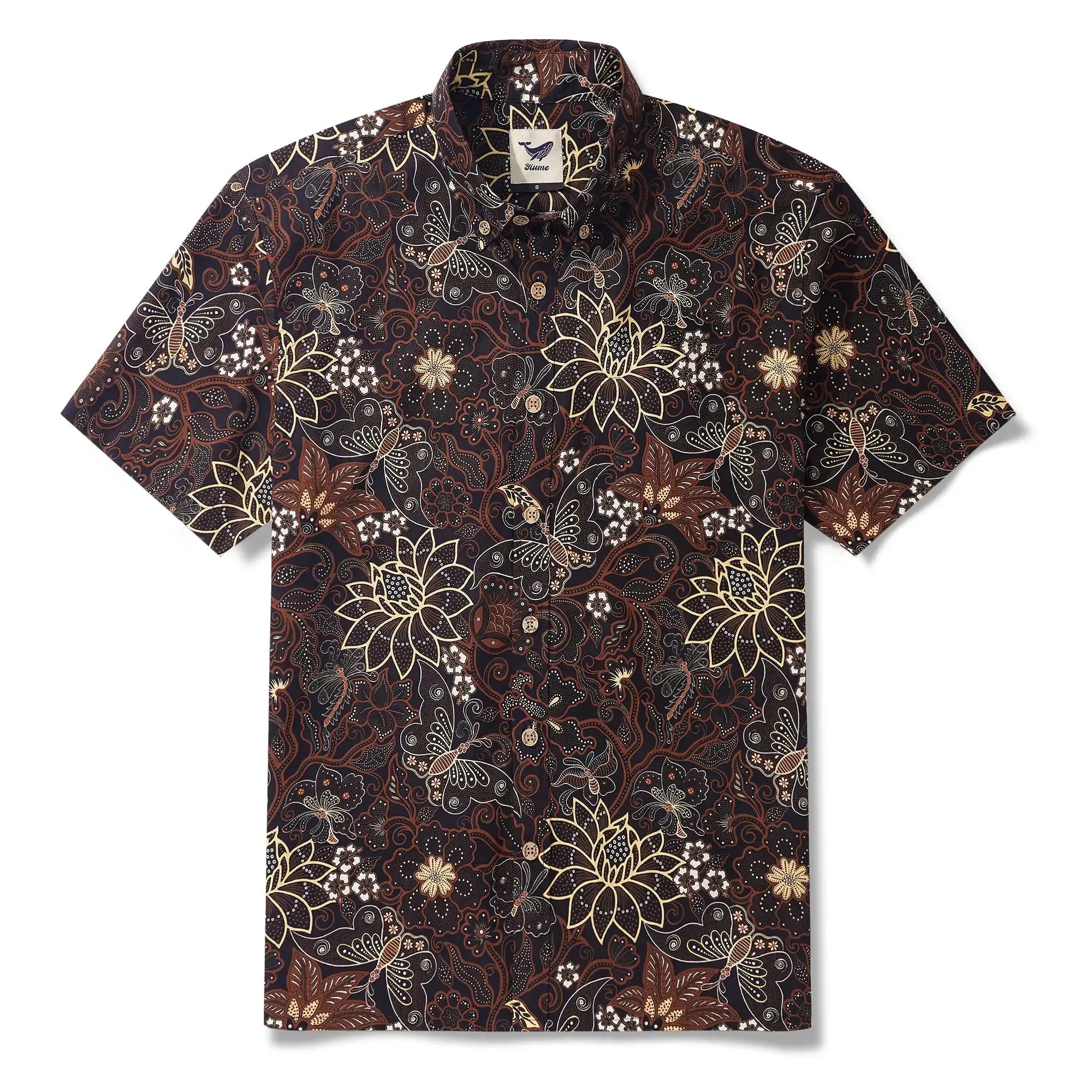 Chemise hawaïenne pour homme à manches courtes, boutonnée, 100 % coton, jaune, Aloha Fleurs envoûtantes et papillons par Huan huan