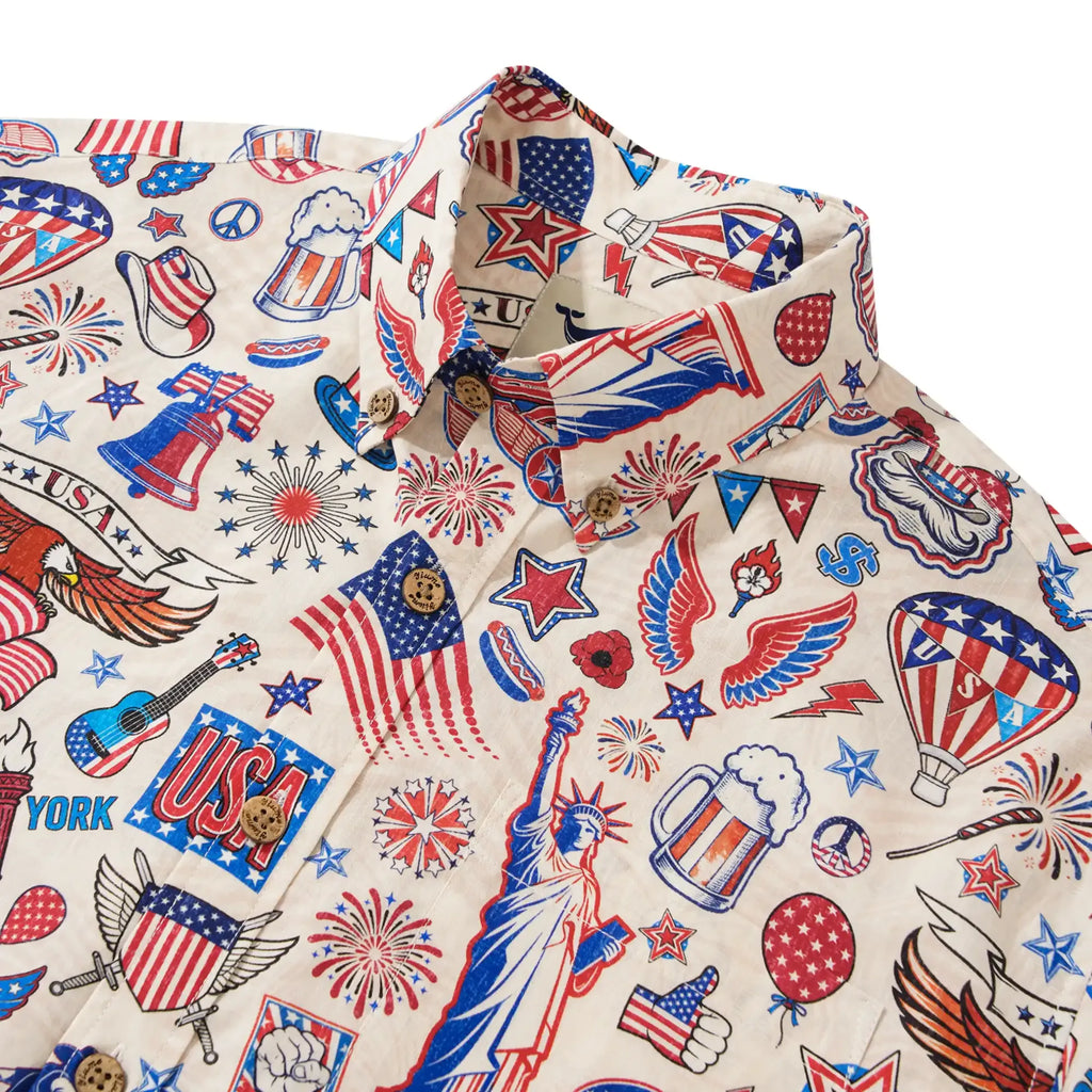 Men's Hawaiian Shirt Short Sleeve Button-down 100% Cotton Blue Red Aloha Liberty’s Patriot Canvas By Cigar