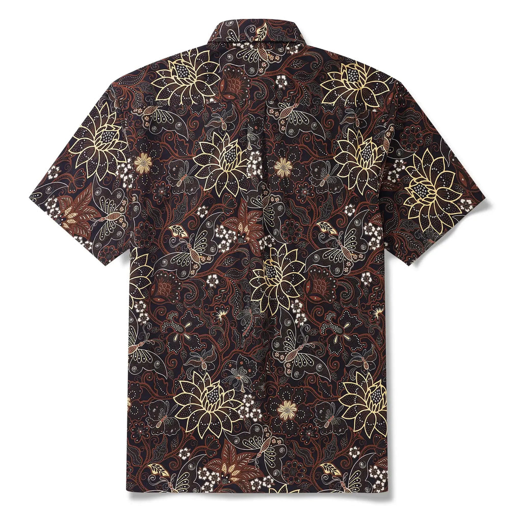 Chemise hawaïenne pour homme à manches courtes, boutonnée, 100 % coton, jaune, Aloha Fleurs envoûtantes et papillons par Huan huan