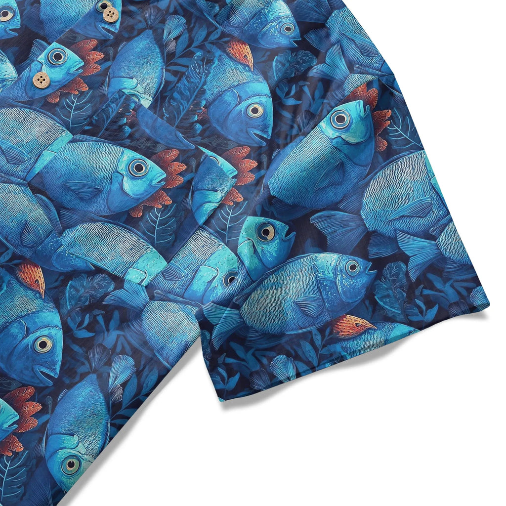 LeosWare® Men's Hawaiian Shirt Short Sleeve Button-up 100% Cotton Blue Aloha Deep Sea Blues Fish School By Ann
