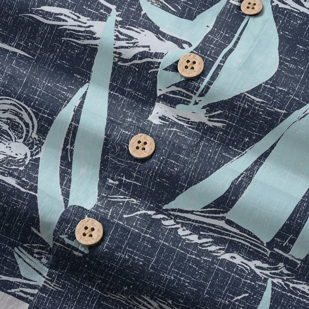 LeosWare® Sailboat Men's Hawaiian Shirt Short Sleeve Button-up 100% Cotton Blue Aloha Sailing To The Horizon By Ann