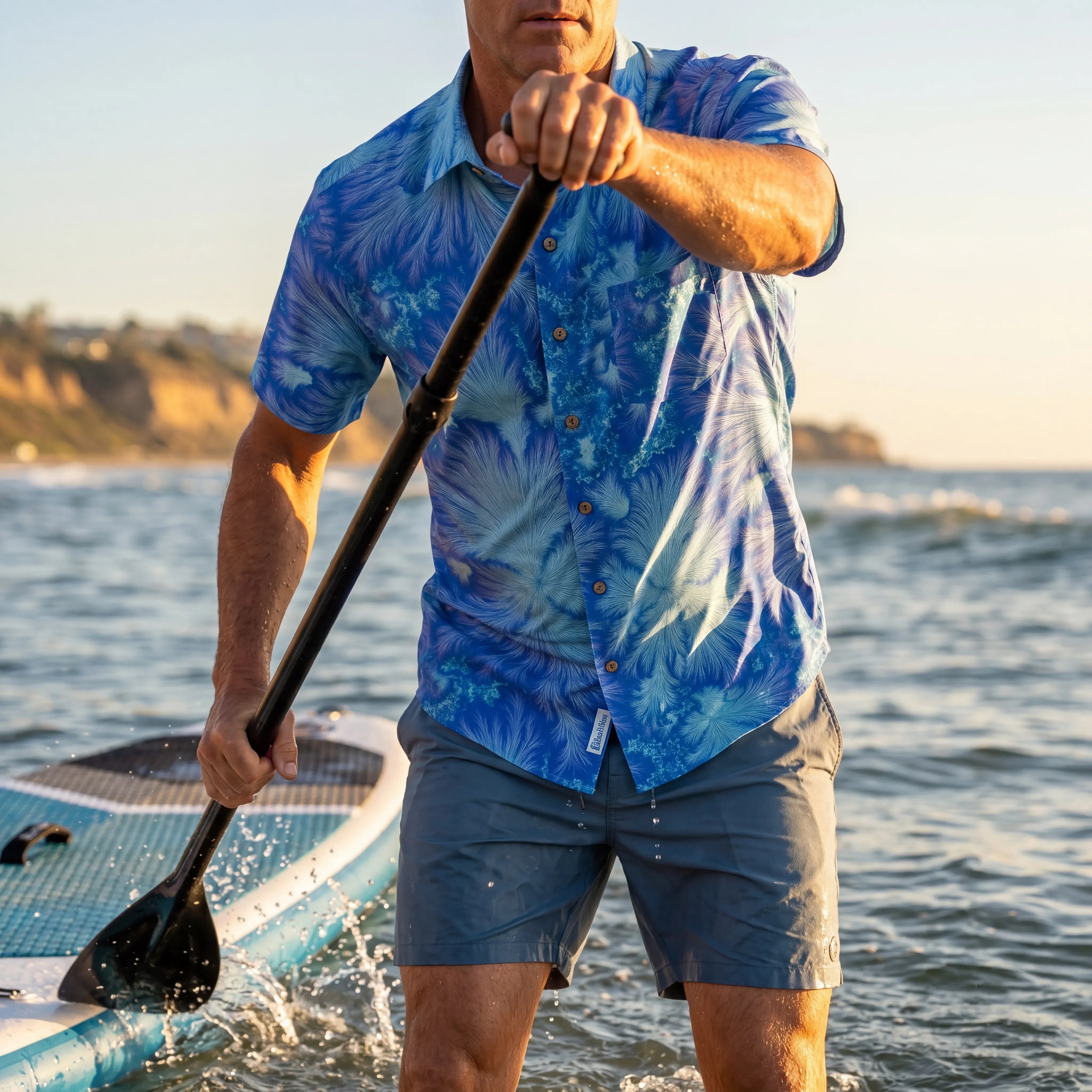 LeosWare® Men's Hawaiian Shirt Short Sleeve Button-up 100% Cotton Blue Aloha Ice Blue Feather Flame By Ann