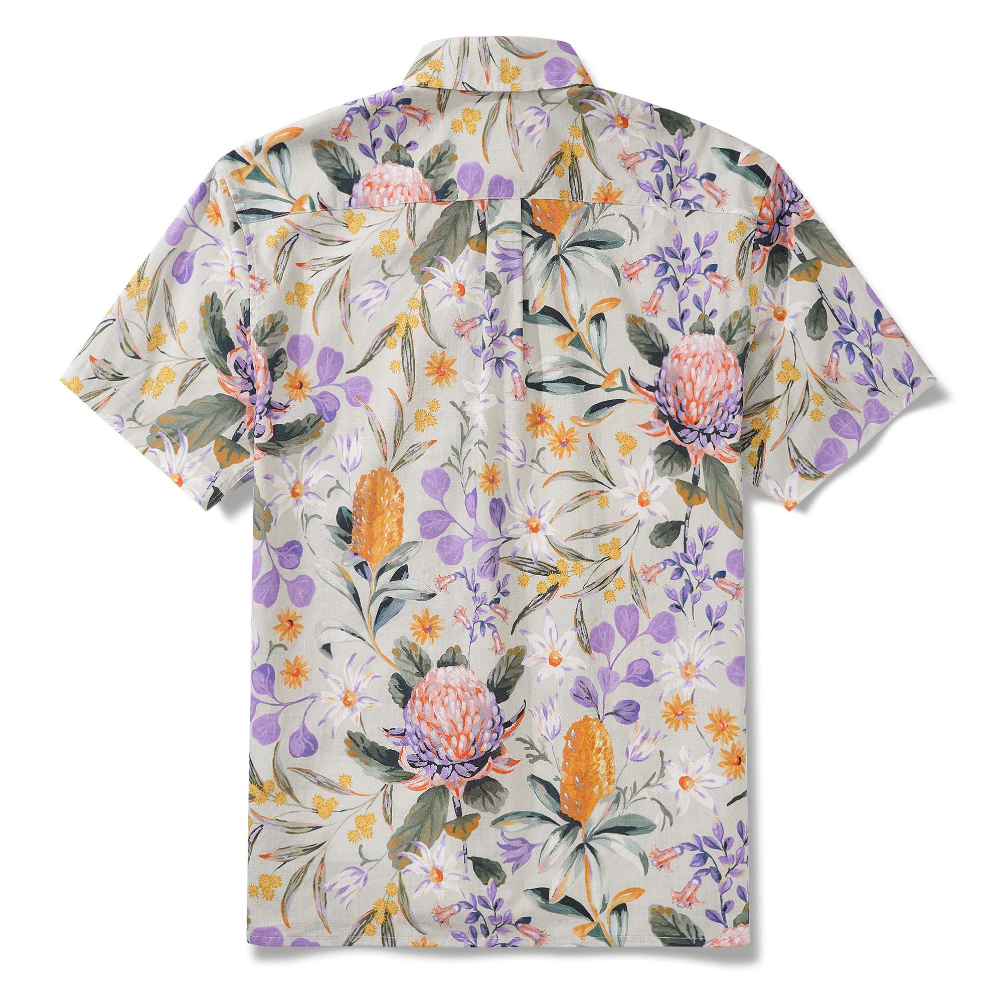 Bushwalk By Jayne Branchflower 100% Cotton Men's Short Sleeve Button-down Shirt Purple Aloha Hawaiian