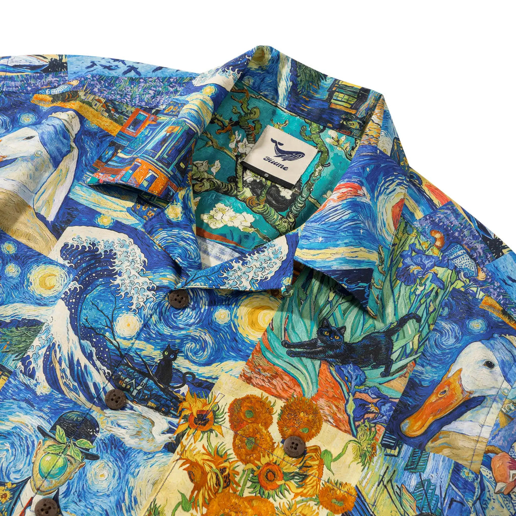 Men's Hawaiian Shirt Short Sleeve Camp Collar 100% Cotton Blue Aloha Starry Night Cat Fantasy By Mo