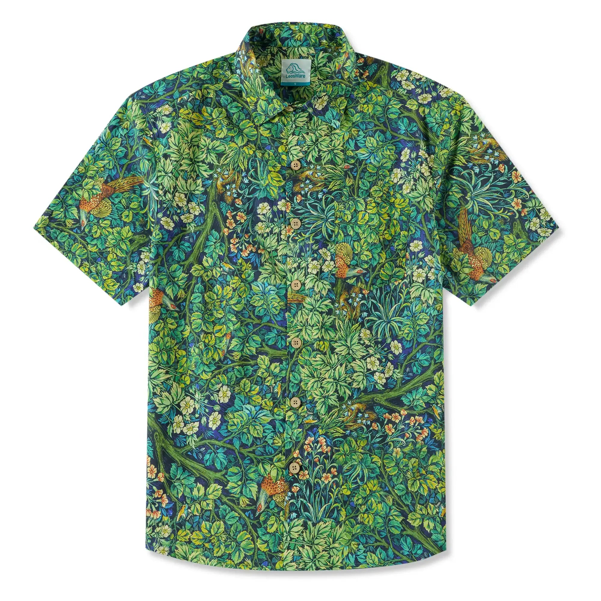 LeosWare® Men's Hawaiian Shirt Short Sleeve Button-up 100% Cotton Green Aloha Jungle Wonderland Art By Ann