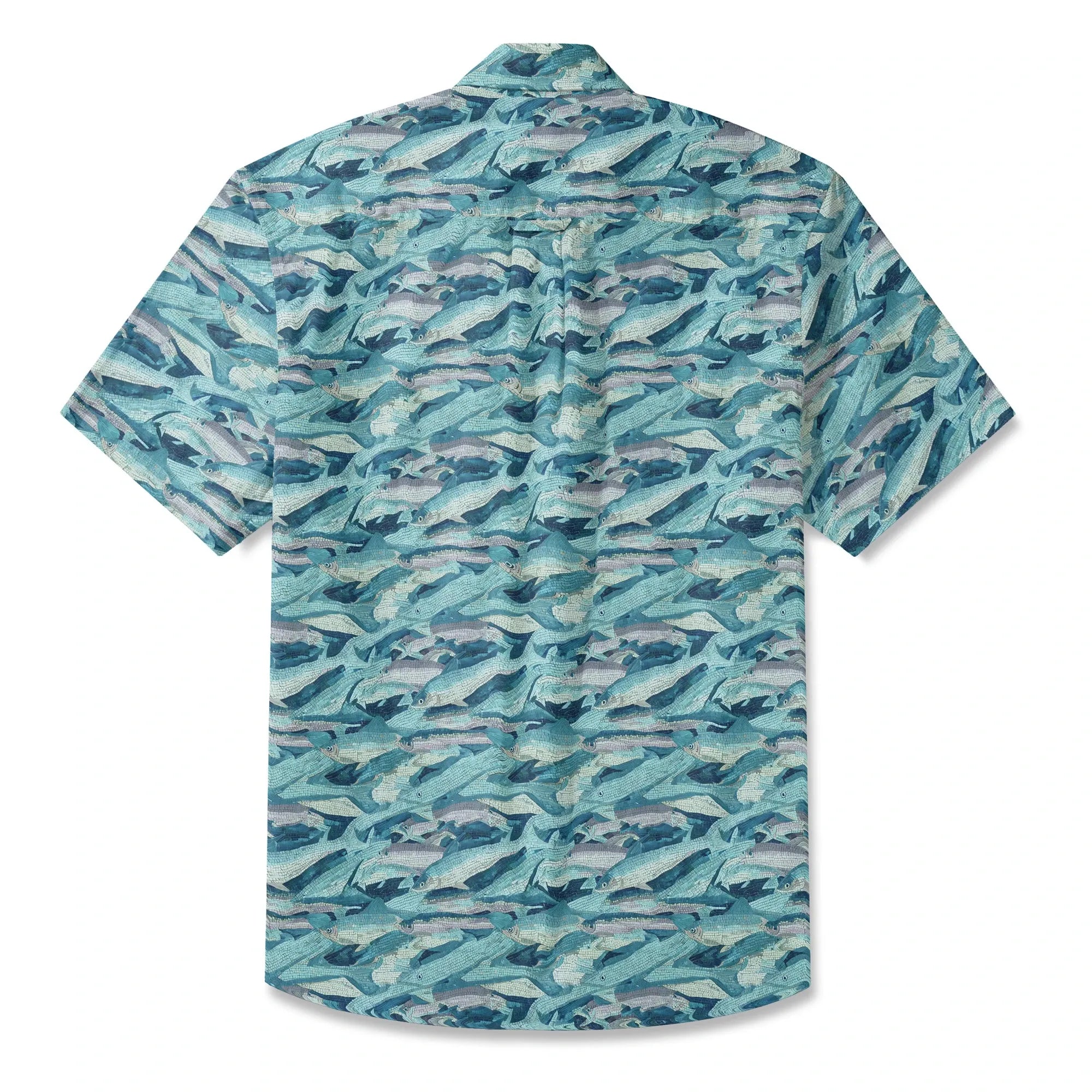 LeosWare® Men's Hawaiian Shirt Short Sleeve Button-up 100% Cotton Blue Aloha Mosaic Of Blue School Of Fish By Ann