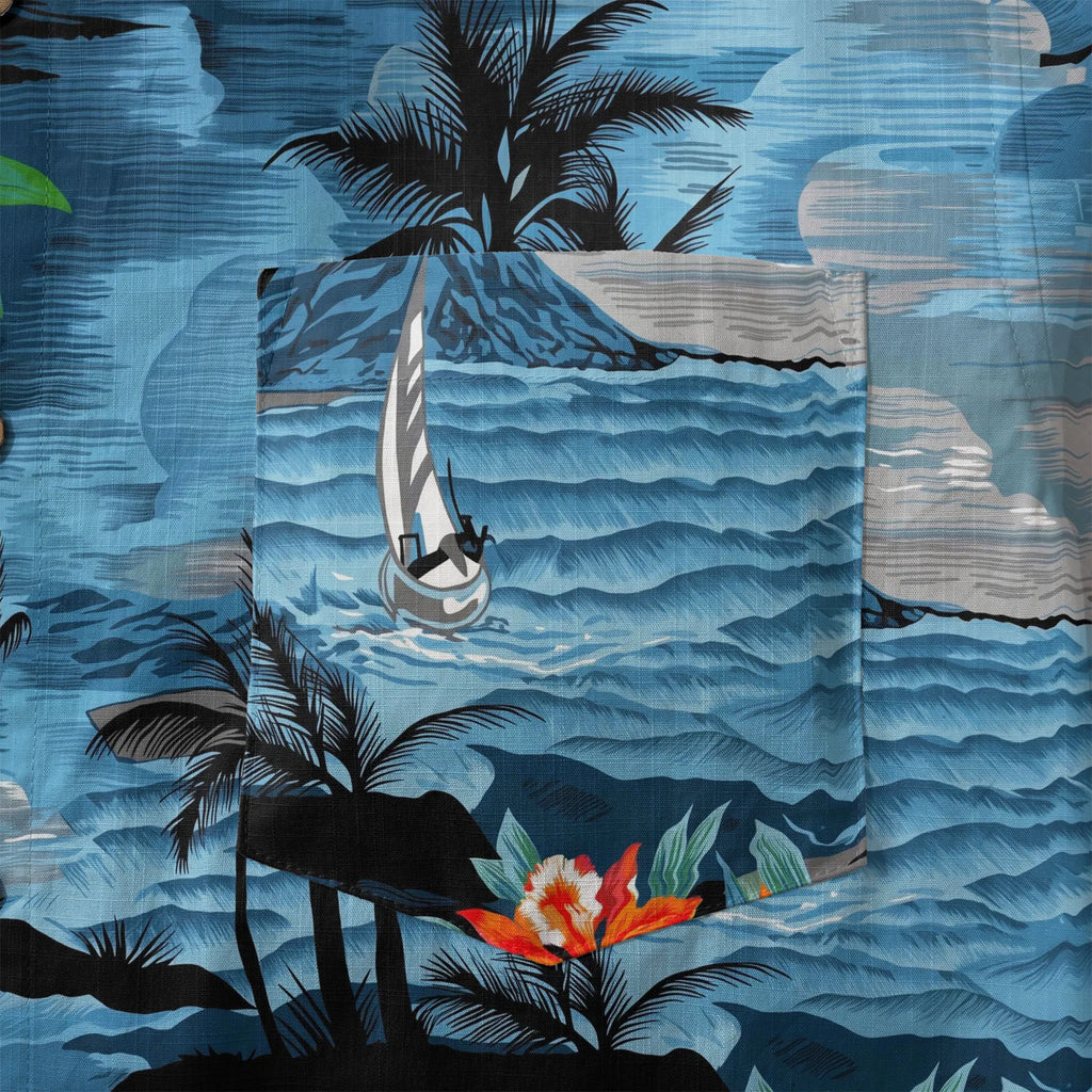 LeosWare® Men's Hawaiian Shirt Short Sleeve Button-up 100% Cotton Blue Aloha Blue-tinged Island Moonlit Night By Ann