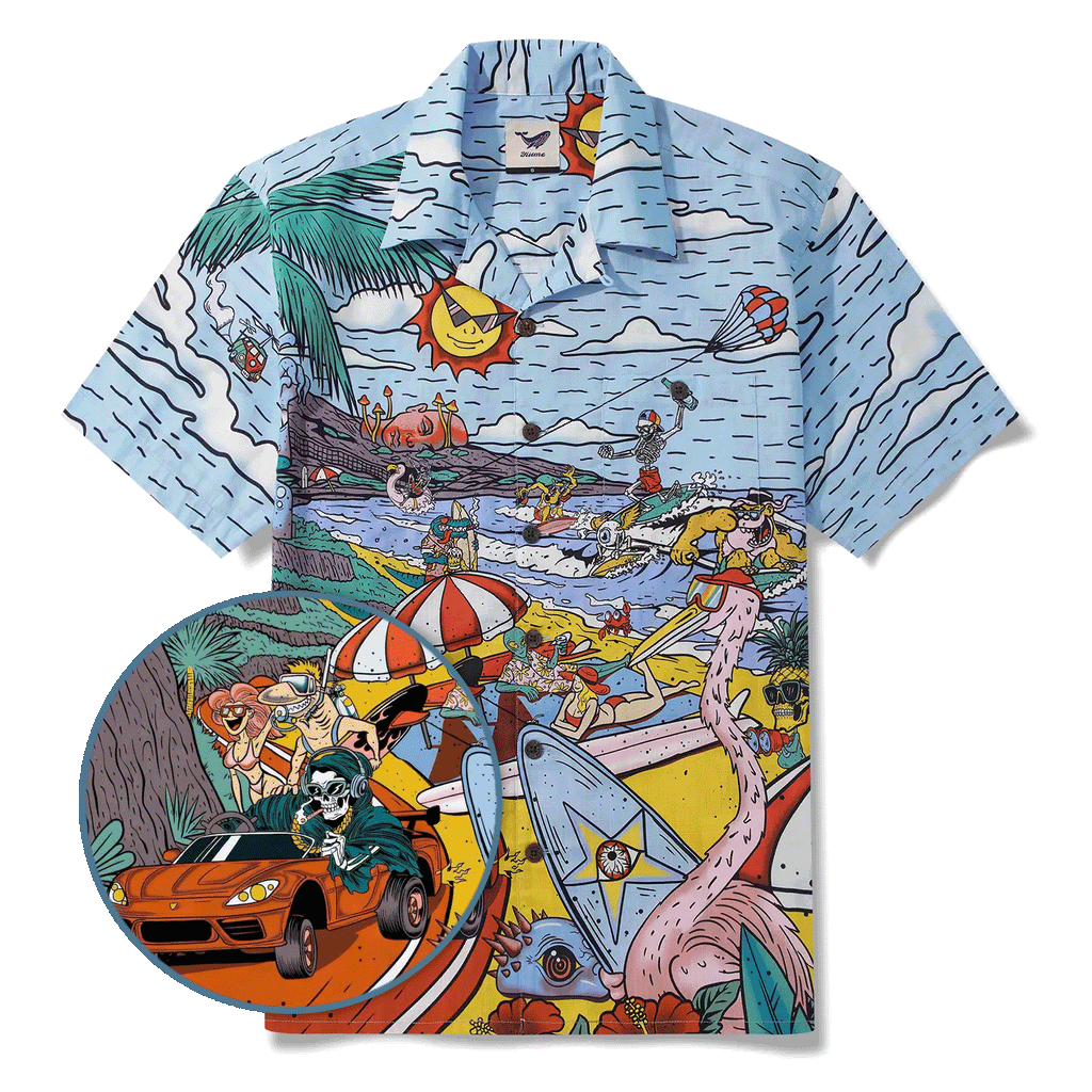 Alien Flamingo Men's Hawaiian Shirt Short Sleeve Camp Collar 100% Cotton Blue Beach Surfing Party Aloha Cosmic Coast Chaos By Huan huan