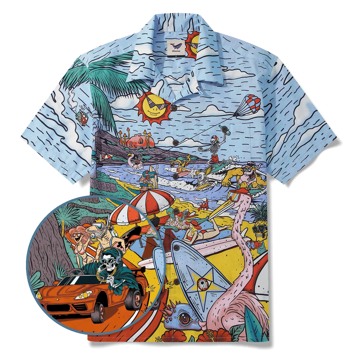 Alien Flamingo Men's Hawaiian Shirt Short Sleeve Camp Collar 100% Cotton Blue Beach Surfing Party Aloha Cosmic Coast Chaos By Huan huan
