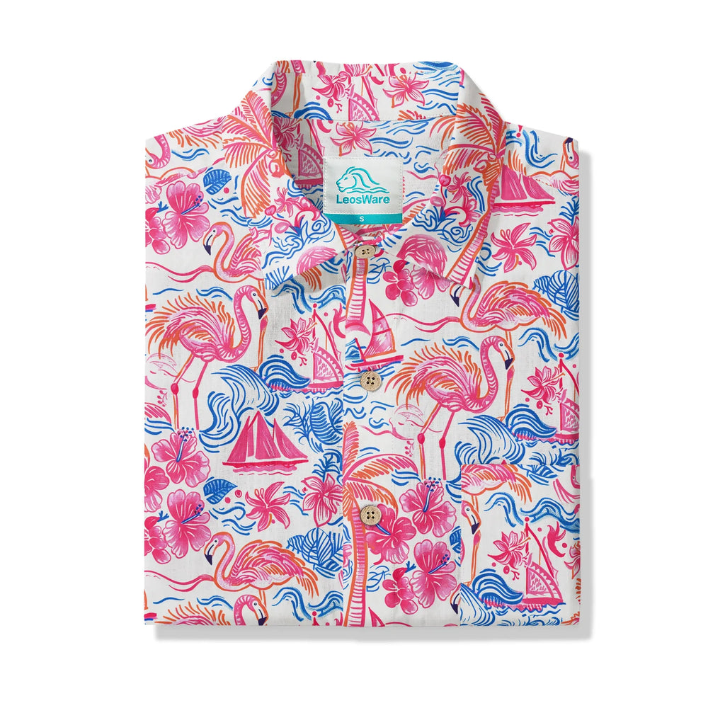 LeosWare® Men's Hawaiian Shirt Short Sleeve Button-up 100% Cotton Aloha Tropical Fire Bay By Ann