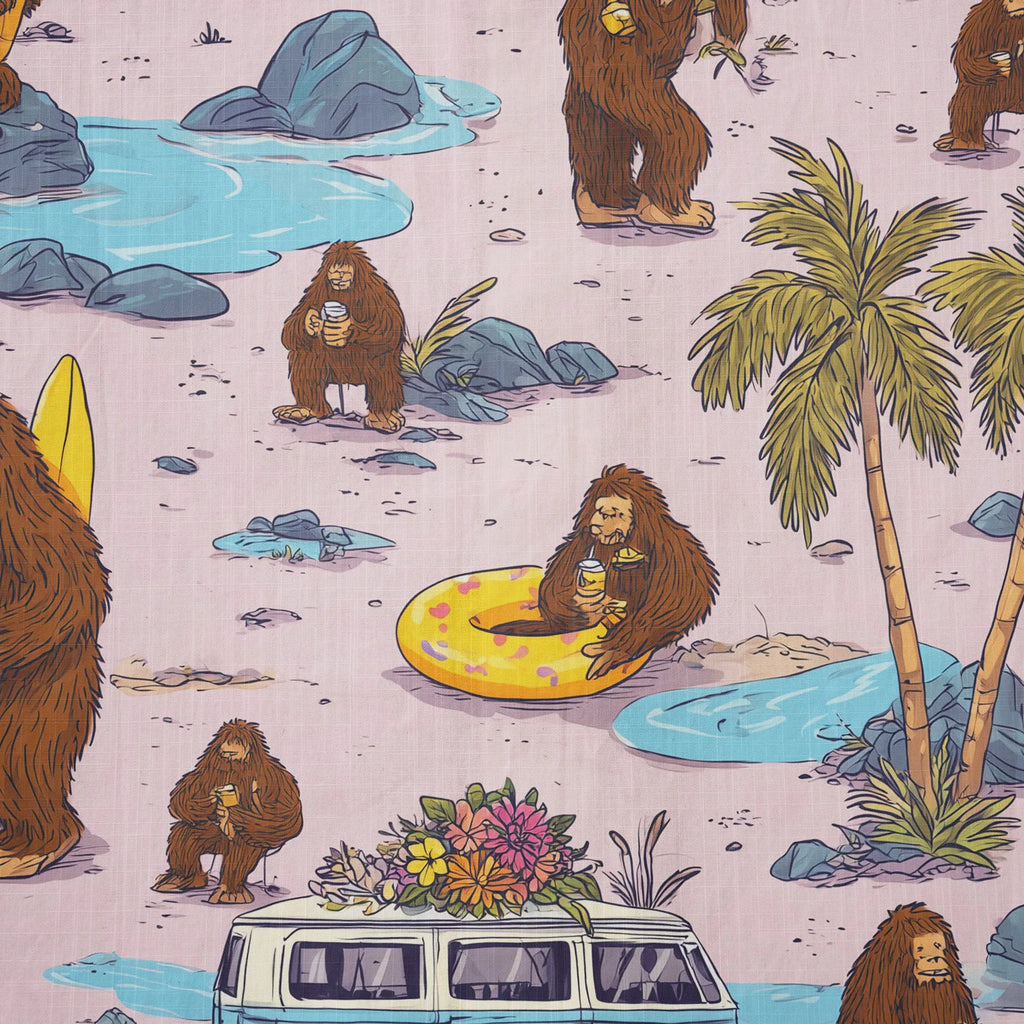 LeosWare® Men's Hawaiian Shirt Short Sleeve Button-up 100% Cotton Aloha Pink Camping With Bigfoot By Ann