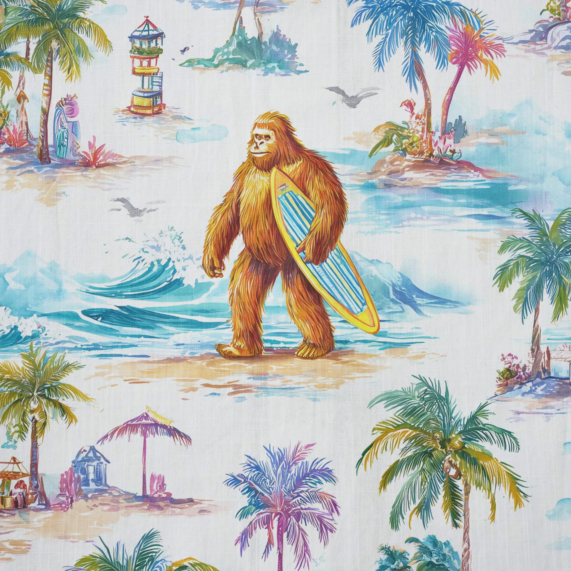 LeosWare® Men's Hawaiian Shirt Short Sleeve Button-up 100% Cotton White Aloha Surfing Vacation Of Bigfoot By Ann