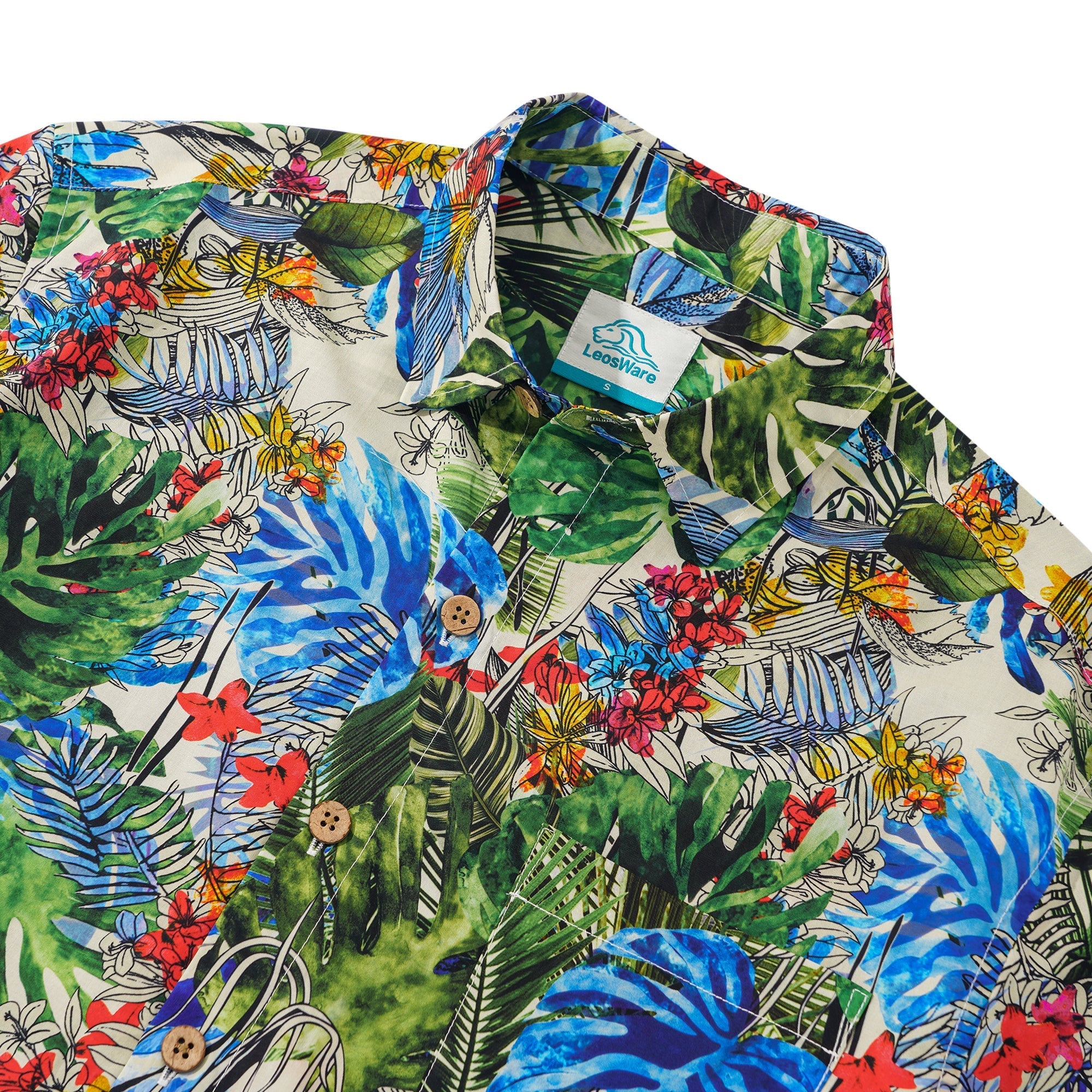 LeosWare® Men's Hawaiian Shirt Short Sleeve Button-up 100% Cotton Green Aloha Tropical Jungle Whispers By Ethan