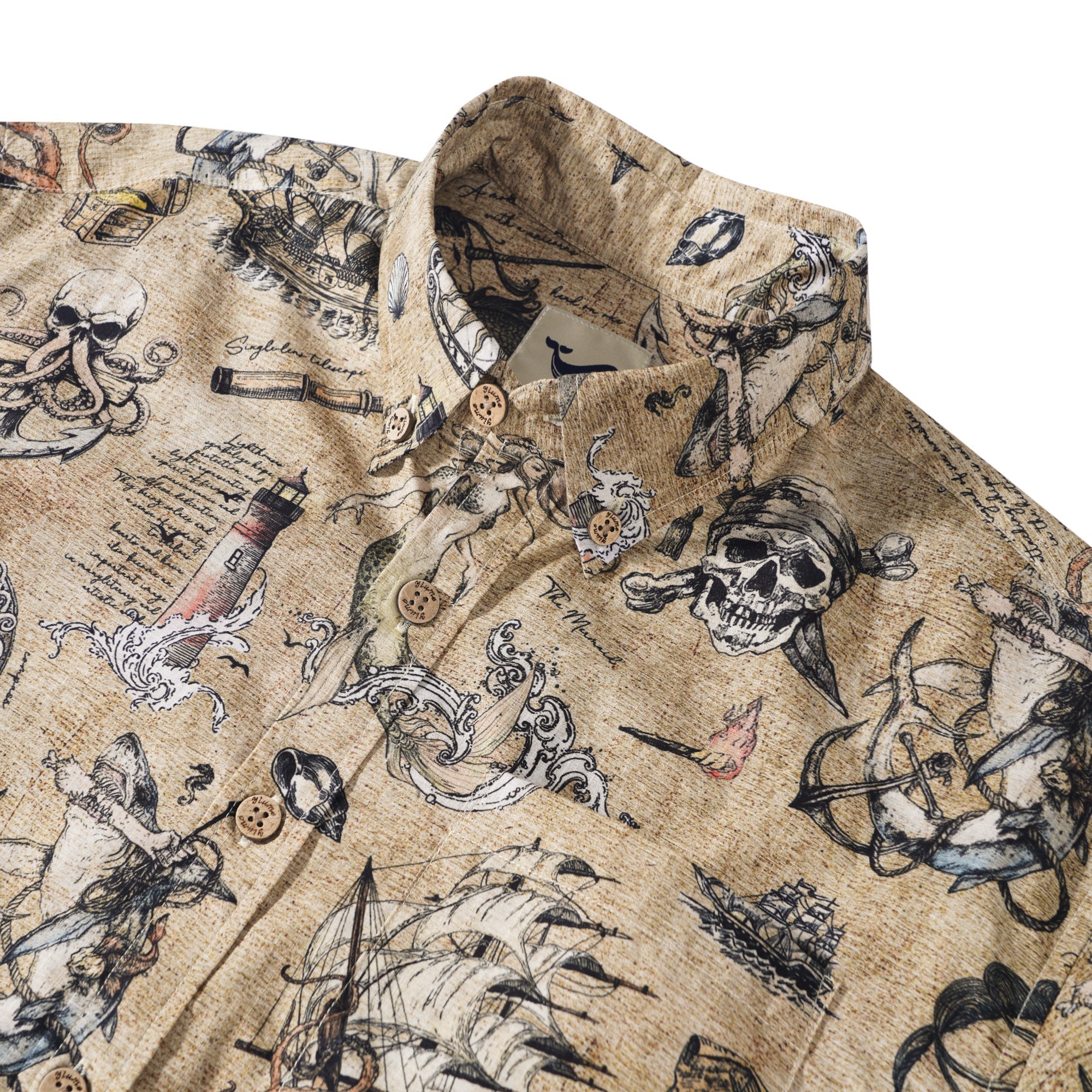 Men's Hawaiian Shirt Short Sleeve Button-down 100% Cotton Beige Aloha Pirate’s Log: The Sea Monster By Yakima