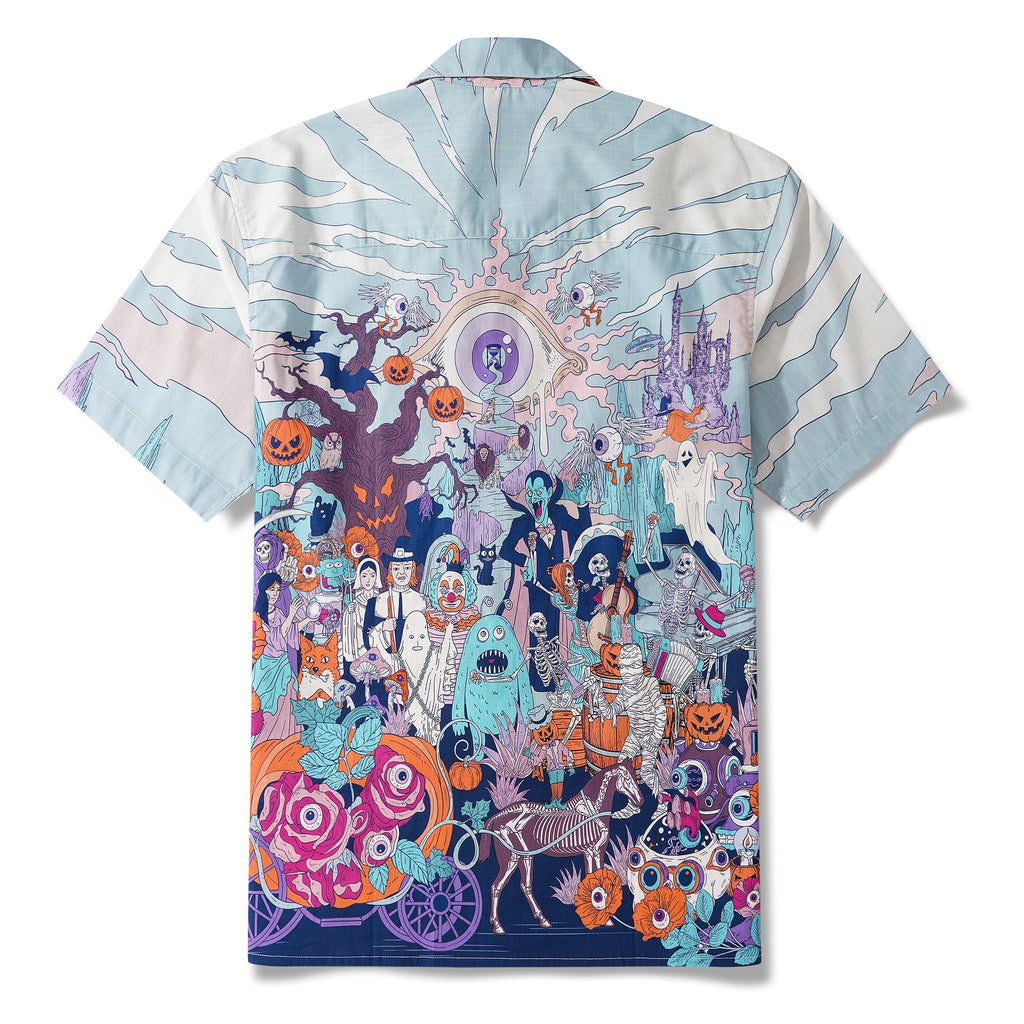Halloween Gift Men's Hawaiian Shirt Short Sleeve Camp Collar 100% Cotton White Aloha Midnight Halloween/Dante's Halloween By Huan huan