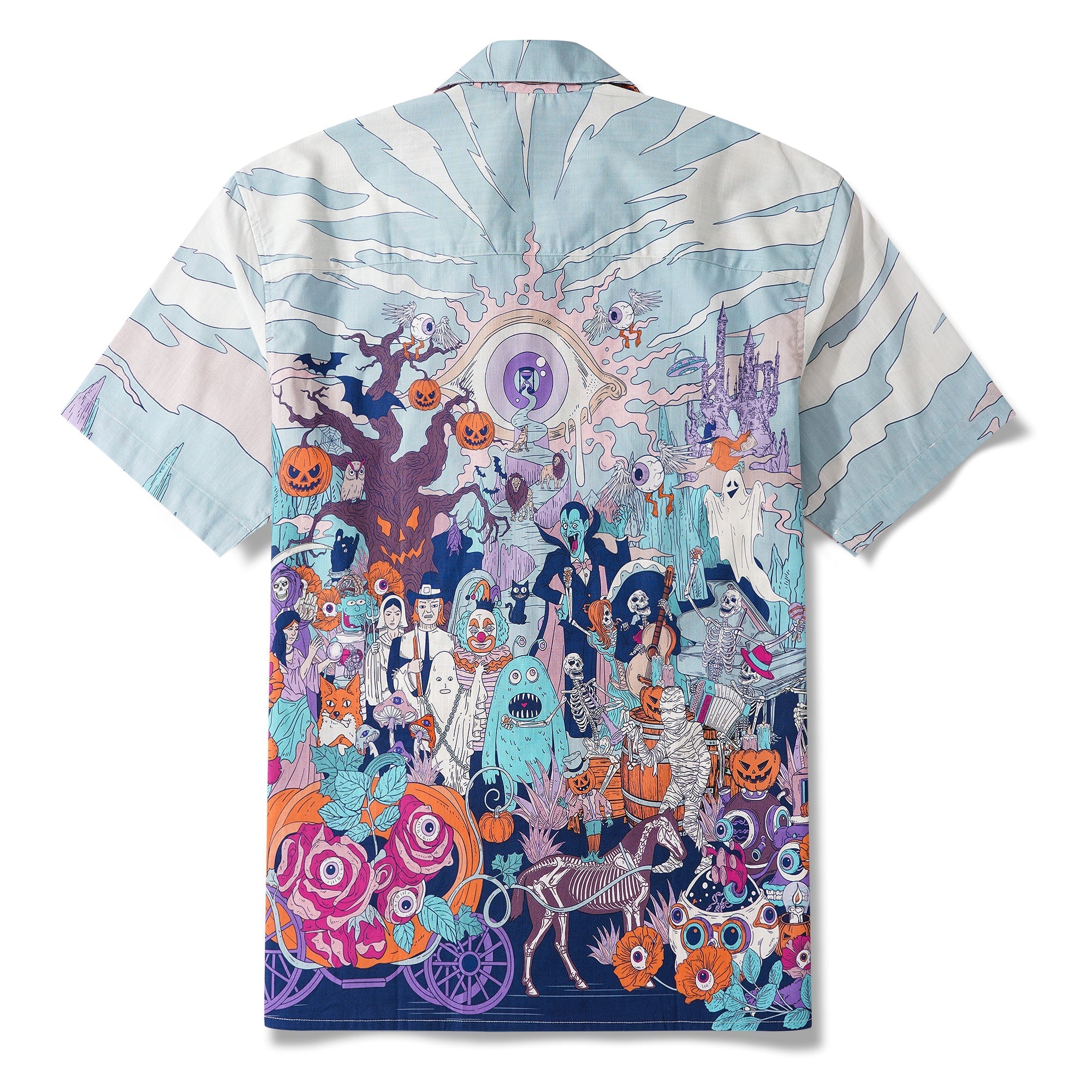 Halloween Gift Men's Hawaiian Shirt Short Sleeve Camp Collar 100% Cotton White Aloha Midnight Halloween/Dante's Halloween By Huan huan