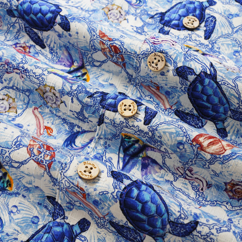 Men's Hawaiian Shirt Short Sleeve Camp Collar 100% Silk Blue Aloha A Sea Turtle's Odyssey By Sun