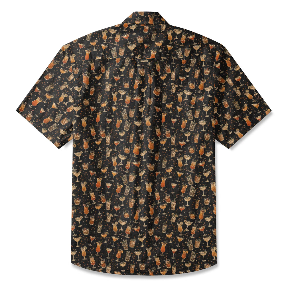LeosWare® Men's Hawaiian Shirt Short Sleeve Button-up 100% Cotton Black Aloha `old Times Drinks Menu` By Ann