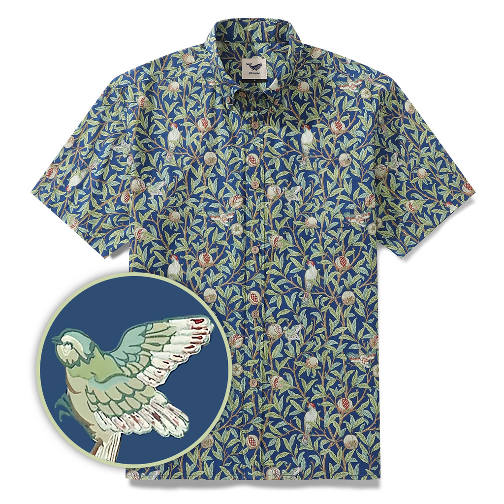 Men's Morris Hawaiian Shirt 1960s Retro Shirt Cotton Button-down Short Sleeve Aloha Shirt Birds And Pomegranates By Amy