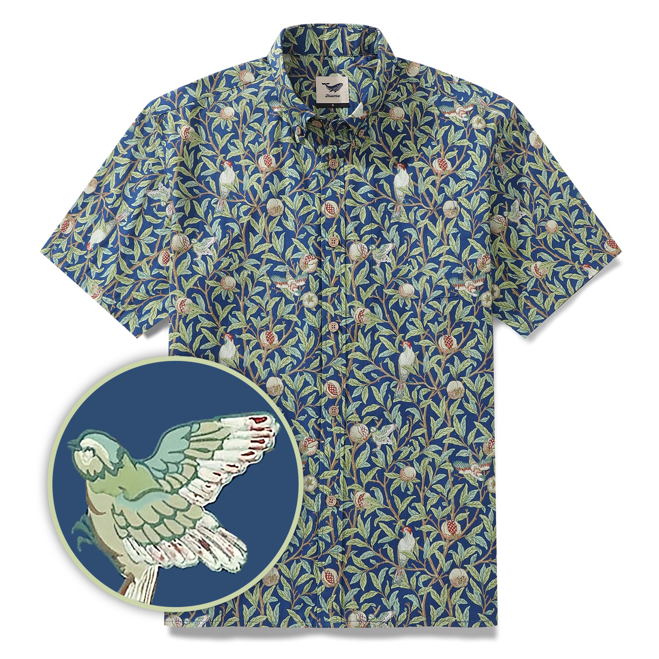Men's Morris Hawaiian Shirt 1960s Retro Shirt Cotton Button-down Short Sleeve Aloha Shirt Birds And Pomegranates By Amy