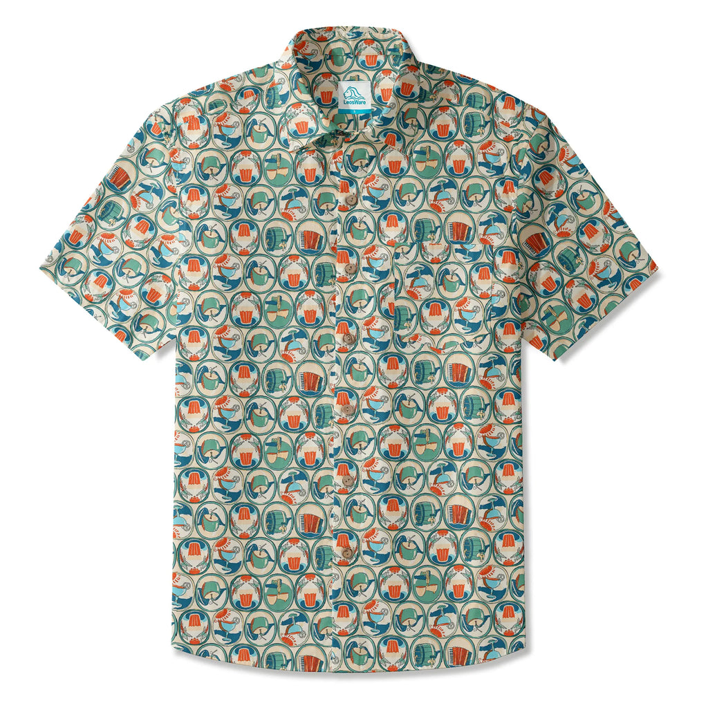 LeosWare® Men's Hawaiian Shirt Short Sleeve Button-up 100% Cotton Aloha Beer Festival Oval Motif By Ann