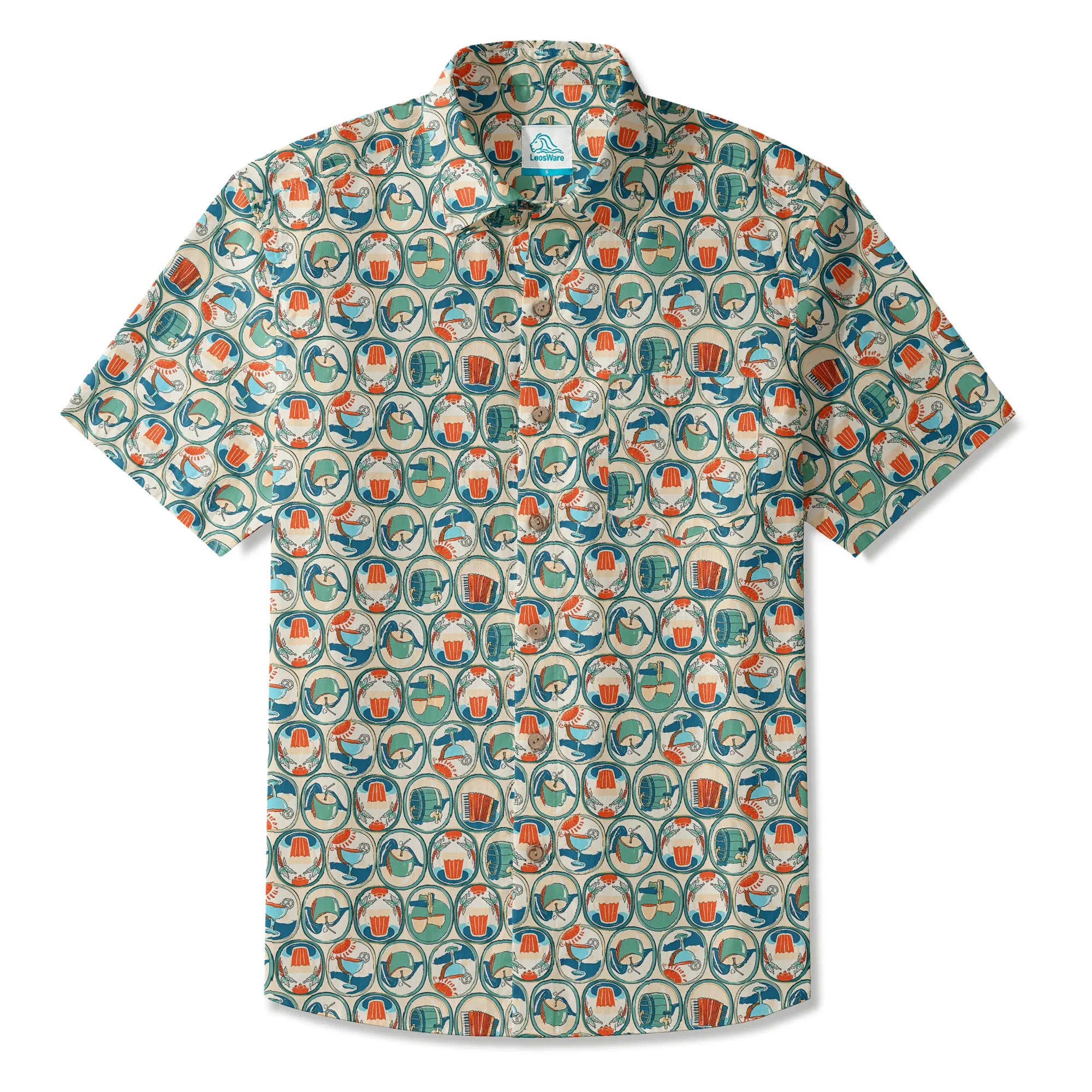 LeosWare® Men's Hawaiian Shirt Short Sleeve Button-up 100% Cotton Aloha Beer Festival Oval Motif By Ann