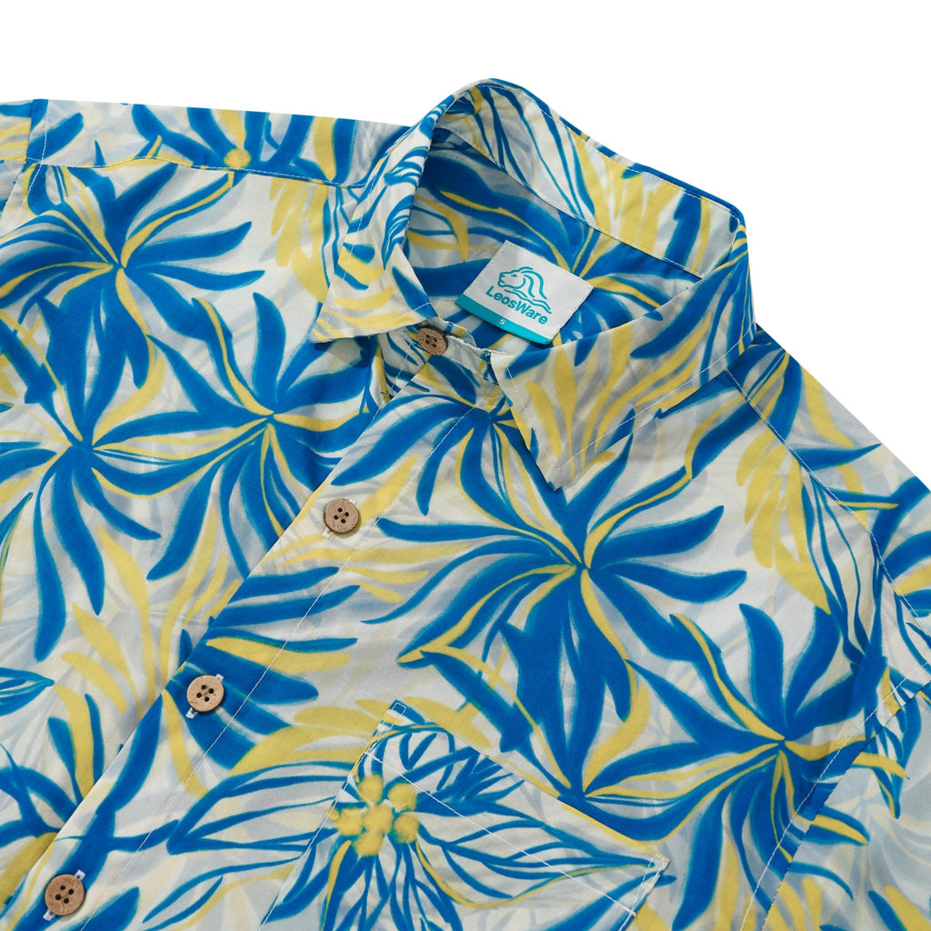 LeosWare® Men's Hawaiian Shirt Short Sleeve Button-up 100% Cotton Green Aloha Tropical Leaf Symphony In Blue And Yellow By Ethan