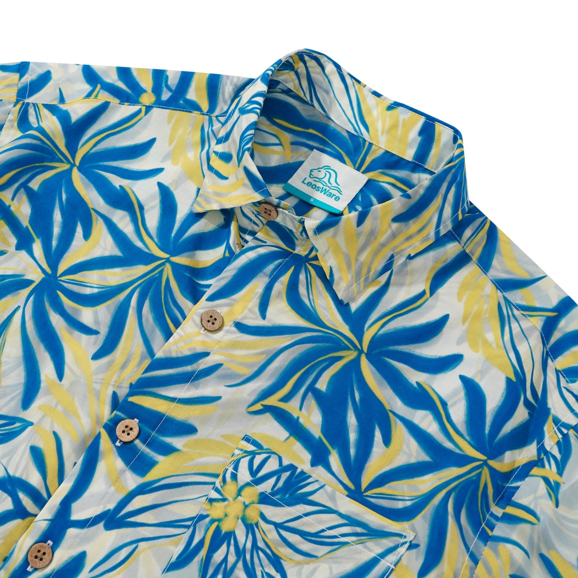 LeosWare® Men's Hawaiian Shirt Short Sleeve Button-up 100% Cotton Green Aloha Tropical Leaf Symphony In Blue And Yellow By Ethan