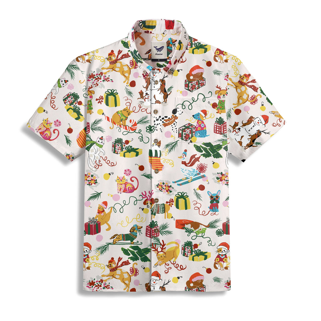 Men's Hawaiian Shirt Short Sleeve Button-down 100% Cotton Beige Aloha Christmas Pet Party By Jasper