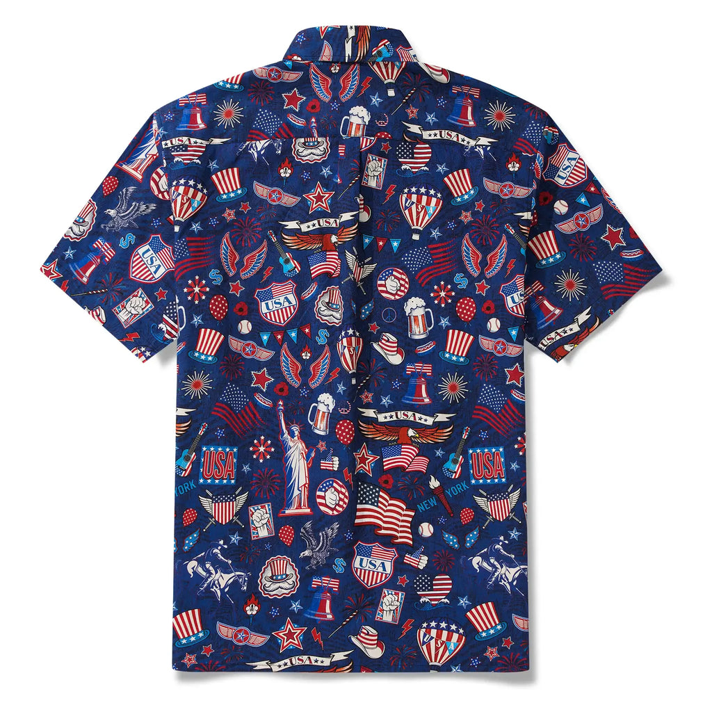 Men's Hawaiian Shirt Short Sleeve Button-down 100% Cotton Blue Aloha Liberty’s Patriot Canvas By Cigar
