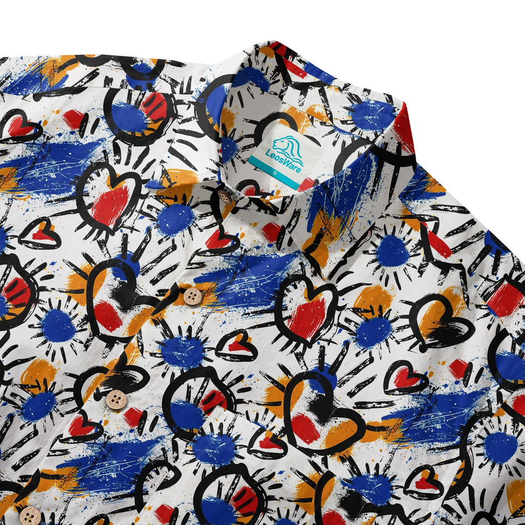 LeosWare® Men's Hawaiian Shirt Short Sleeve Button-up 100% Cotton White Aloha Color Clash Heart Mango By Ann