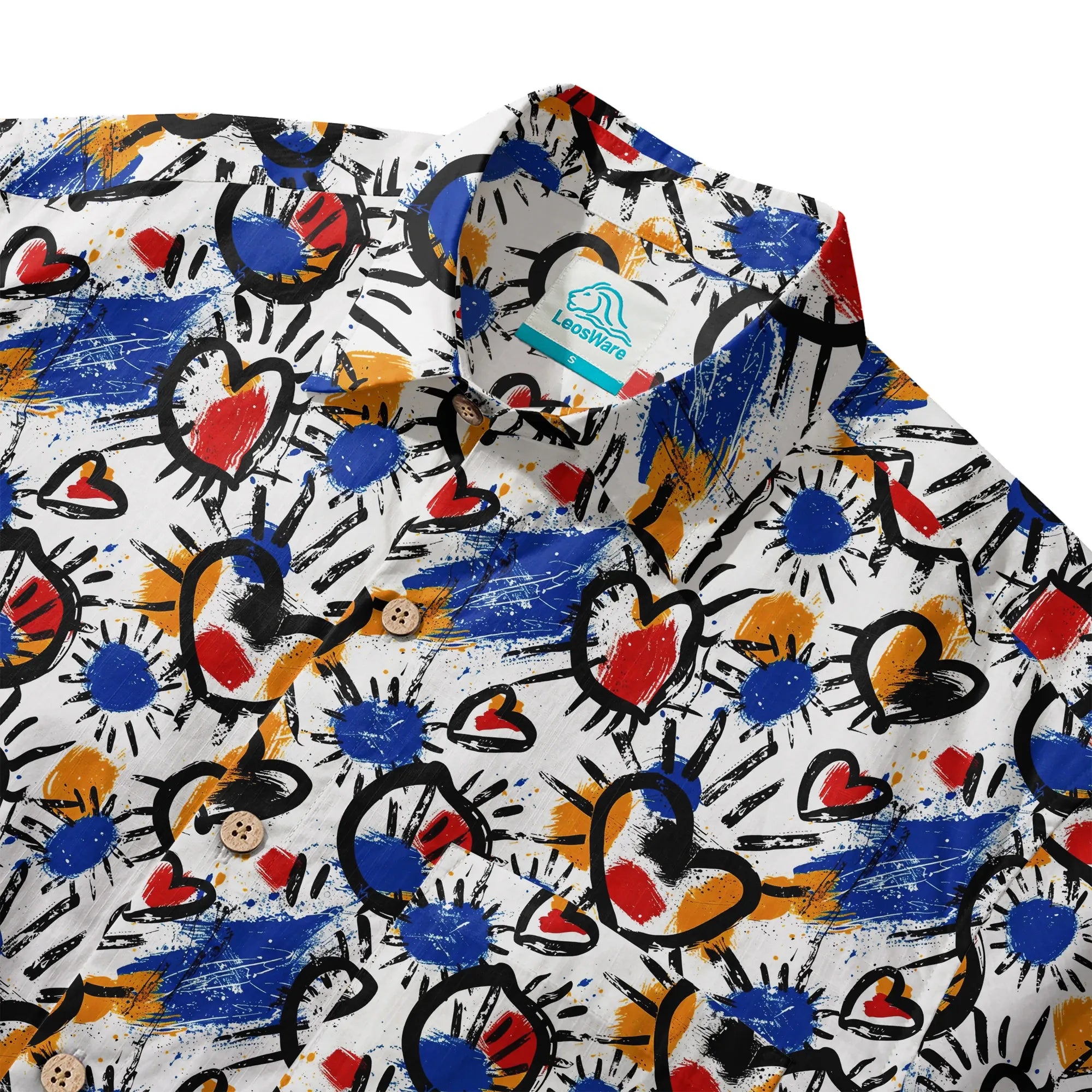 LeosWare® Men's Hawaiian Shirt Short Sleeve Button-up 100% Cotton White Aloha Color Clash Heart Mango By Ann