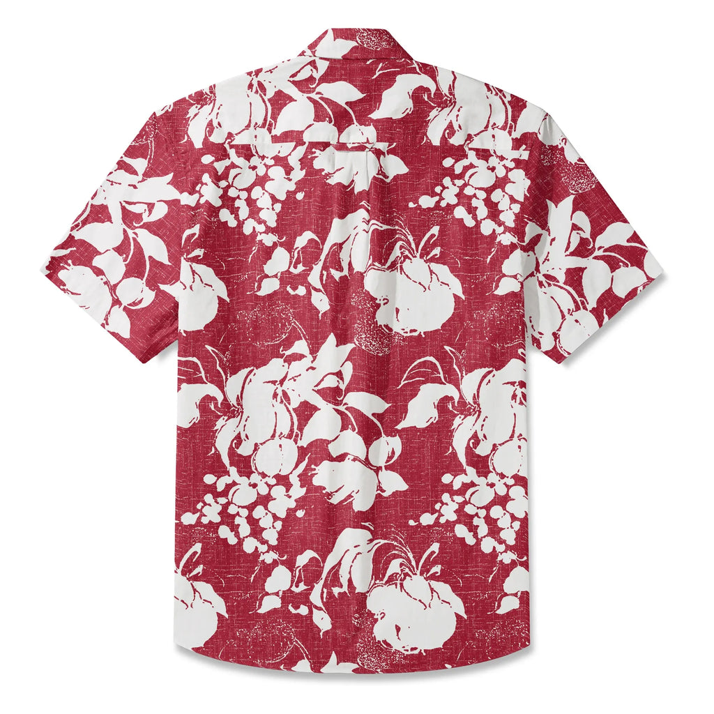LeosWare® Flower Men's Hawaiian Shirt Short Sleeve Button-up 100% Cotton Red Aloha Crimson Blossom Harmony By Ann