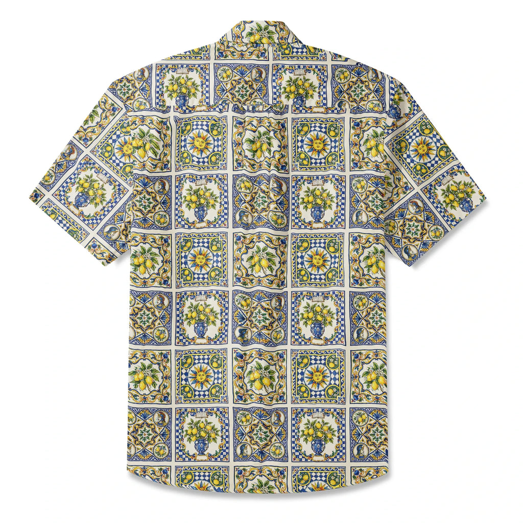 LeosWare® Men's Hawaiian Shirt Short Sleeve Button-up 100% Cotton Blue Aloha Sicilian Sunlit Lemon By Huan huan