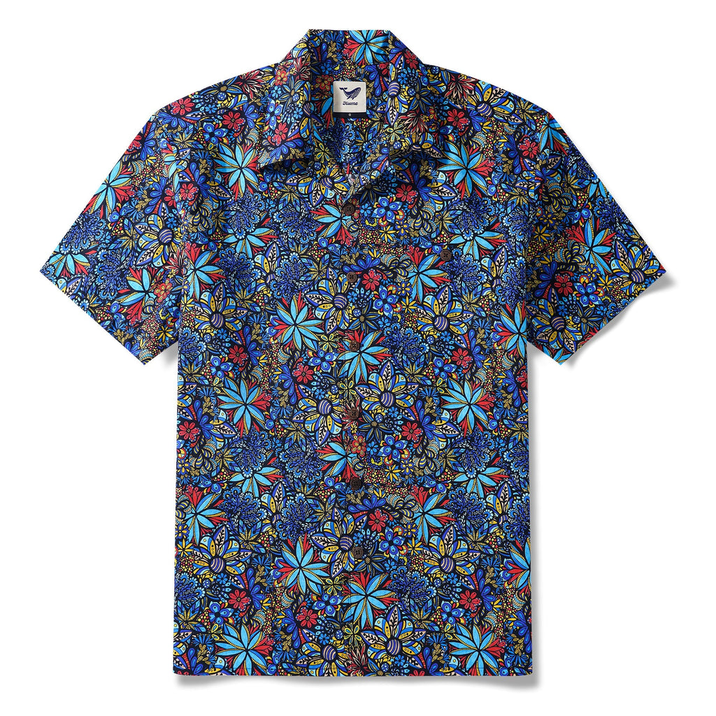 Men's Hawaiian Shirt Short Sleeve Camp Collar 100% Cotton Blue Aloha TALAVERA BOUQUET By Lori Anne McKague