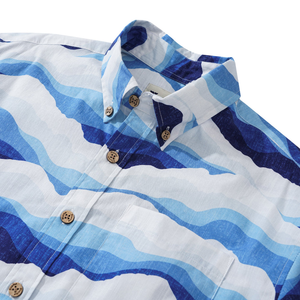 Men's Hawaiian Shirt Short Sleeve Button-down 100% Cotton Blue Aloha Mountain and Sea By Patch