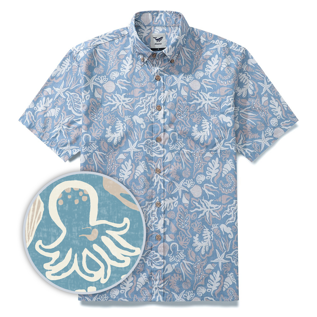 Men's Marine Life Shirt  Button-down 100% Cotton Blue Shirt Hawaiian Shirt Aloha Ocean-themed Silhouettes By Amy