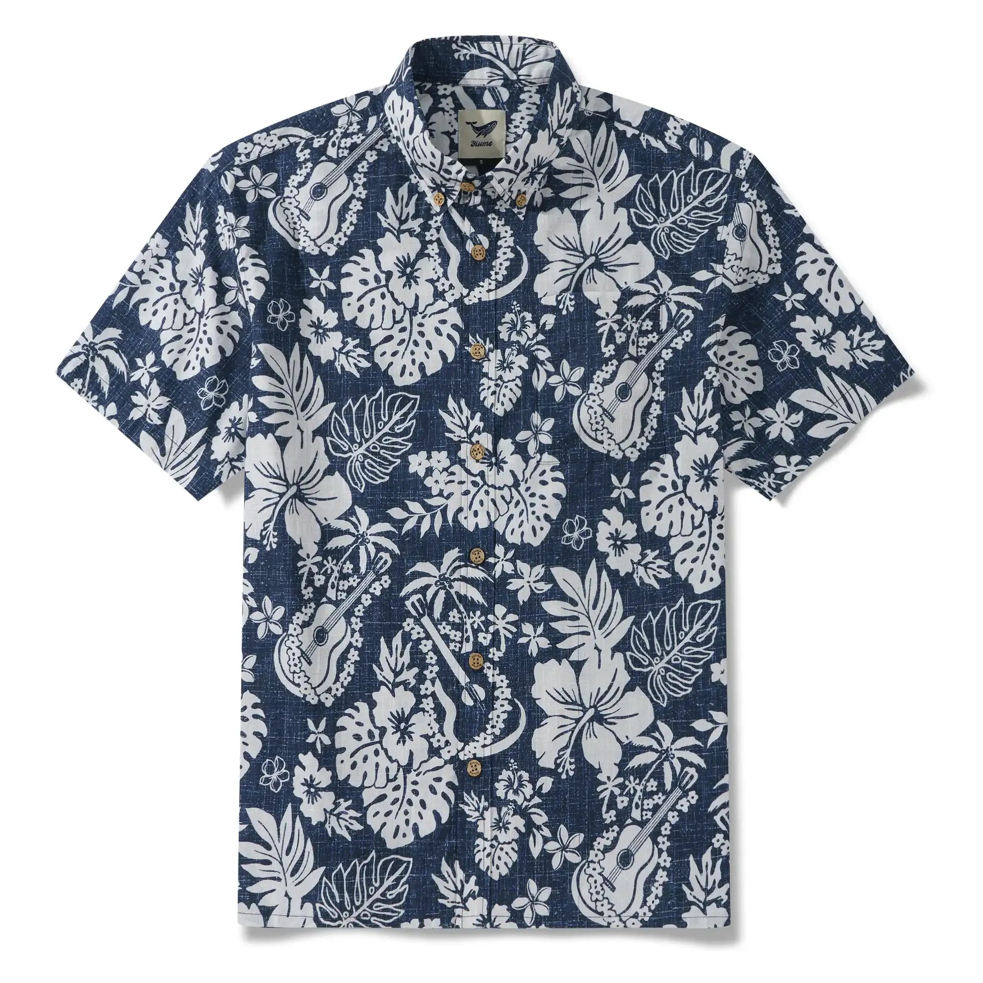 Men's Hawaiian Shirt Short Sleeve Button-down 100% Cotton Blue Aloha Island Ukulele By DUDU