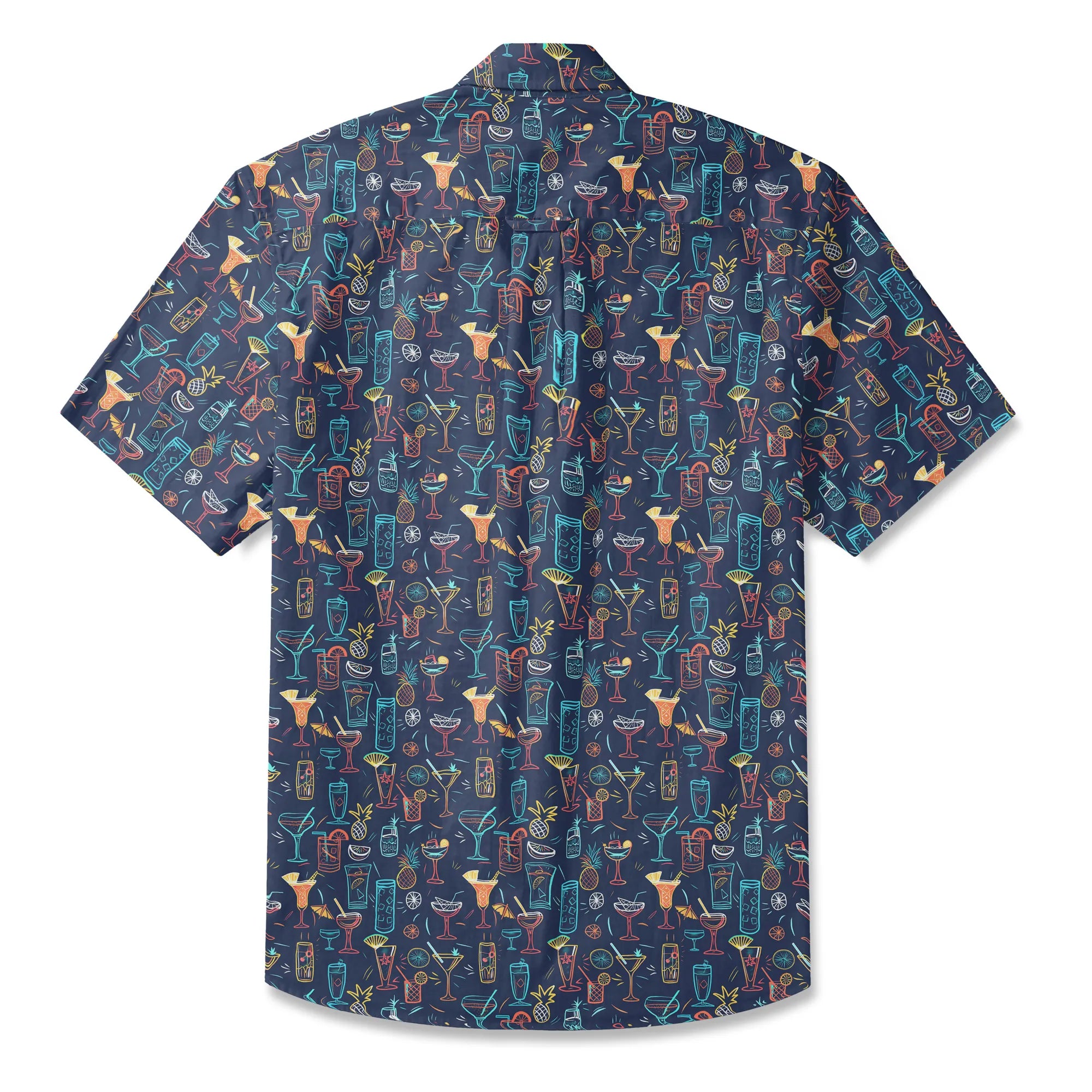 LeosWare® Men's Hawaiian Shirt Short Sleeve Button-up 100% Cotton Blue Aloha Neon Cocktail Night By Ann