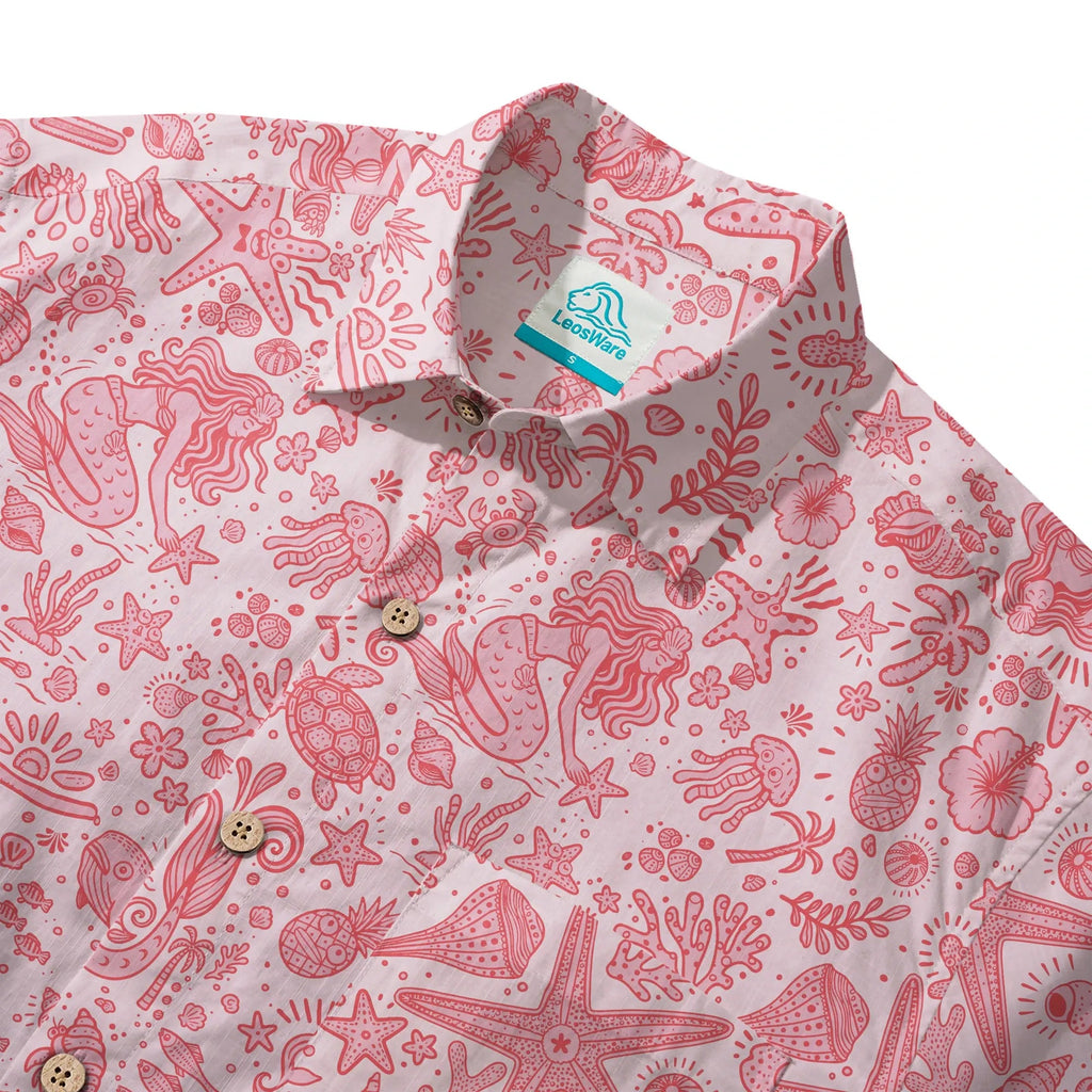 Chemise hawaïenne pour homme LeosWare® à manches courtes, boutonnée, 100 % coton, Aloha, rose doux, motifs océaniques par Huan huan