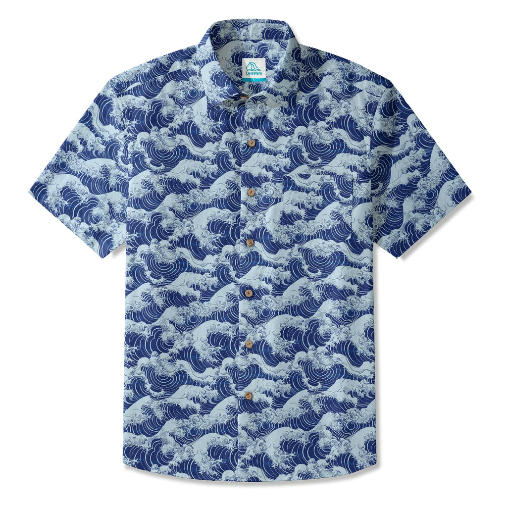 LeosWare® Men's Hawaiian Shirt Short Sleeve Button-up 100% Cotton Blue Aloha Blue Wave World By Ann