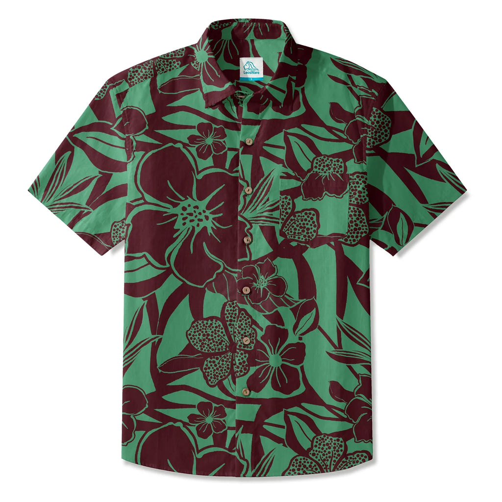 LeosWare® Men's Hawaiian Shirt Short Sleeve Button-up 100% Cotton Green Aloha Impression Of Tropical Plants By Huan huan