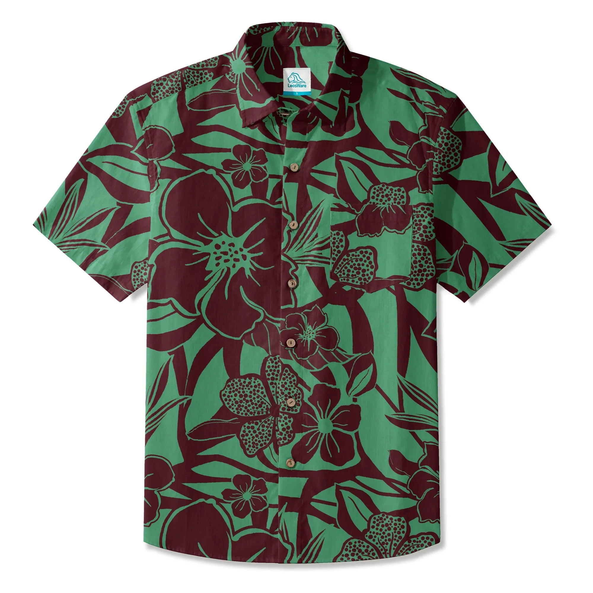 LeosWare® Men's Hawaiian Shirt Short Sleeve Button-up 100% Cotton Green Aloha Impression Of Tropical Plants By Huan huan