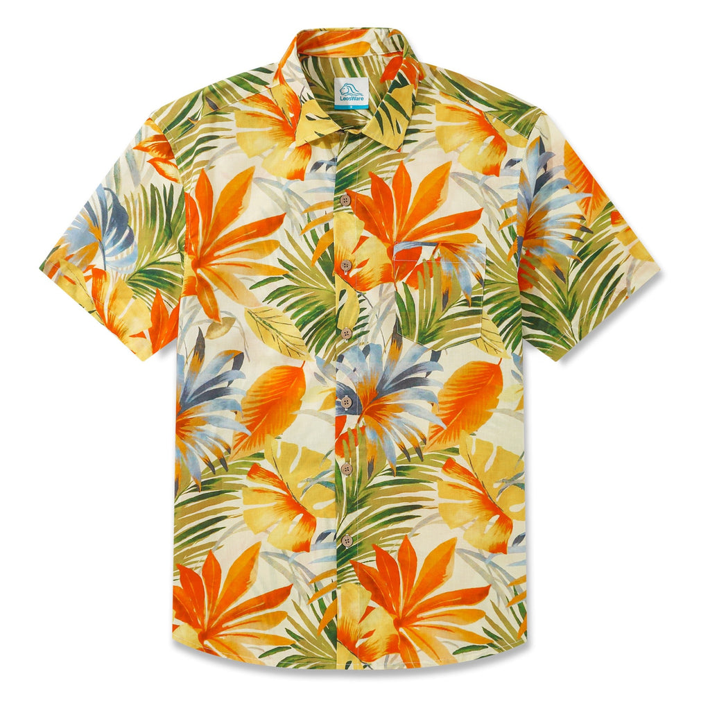 LeosWare® Men's Hawaiian Shirt Short Sleeve Button-up 100% Cotton Yellow Aloha Fiery Tropical Leaf Fantasia By Ethan