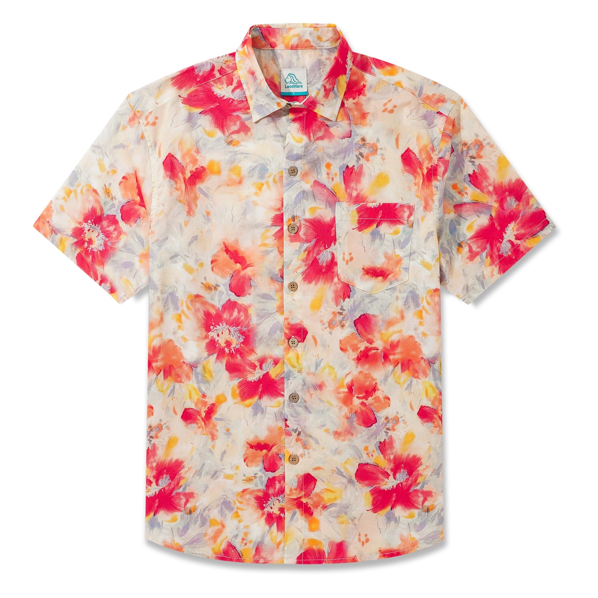 LeosWare® Men's Hawaiian Shirt Short Sleeve Button-up 100% Cotton Red Aloha Vibrant Watercolor Floral Cluster Painting By Ethan