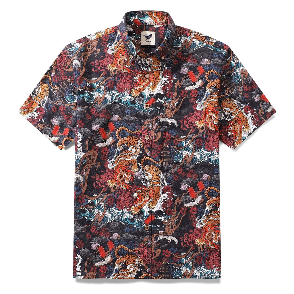 Men's Tiger Shirt 1950s Vintage Hawaiian Shirt For Men Short Sleeve Cotton Aloha Shirt Tiger In The Mist By Yakima