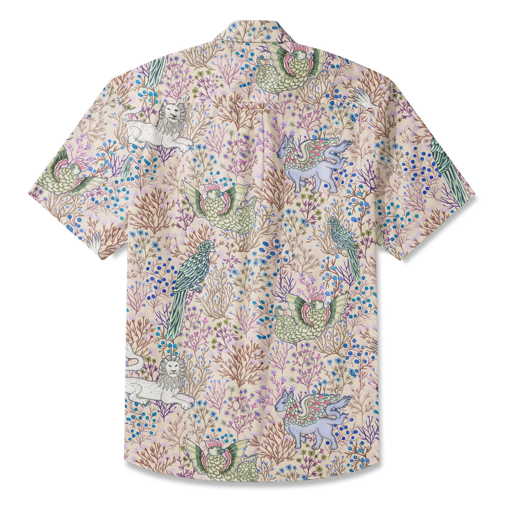 LeosWare® Men's Hawaiian Shirt Short Sleeve Button-up 100% Cotton Brown Aloha Mythical Creatures And Floral Fantasia By Huan huan