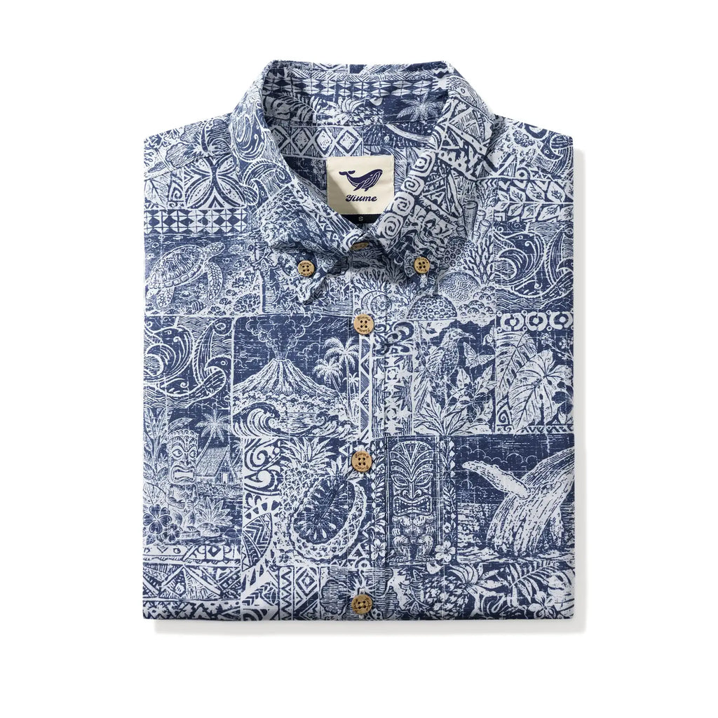 Men's Hawaiian Shirt Short Sleeve Button-down 100% Cotton Blue Aloha Tiki Isle Archive - Navy Blue By Cigar