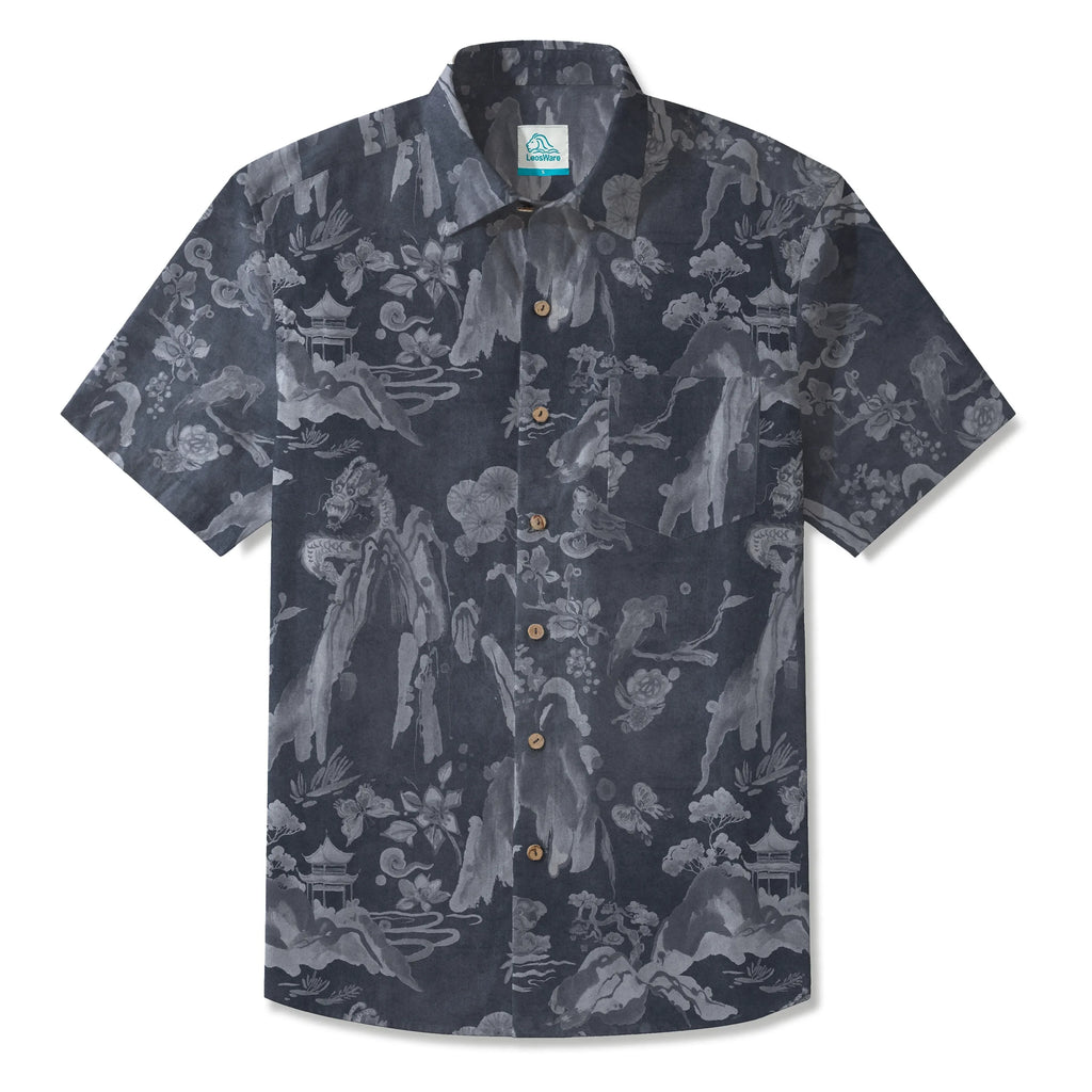 LeosWare® Men's Hawaiian Shirt Short Sleeve Button-up 100% Cotton Gray Aloha Eastern Mountain Ranges And Dragons By Patch